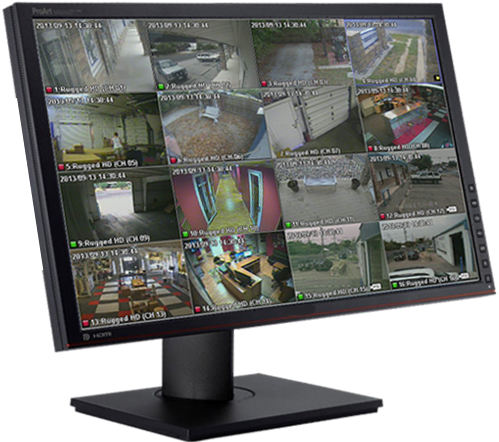 Monitor profissional exibindo múltiplas câmeras de segurança